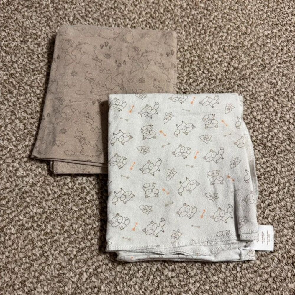 Bundle of 2 Koala Baby Flannel Receiving Baby Blankets Gray Fox World Map Print